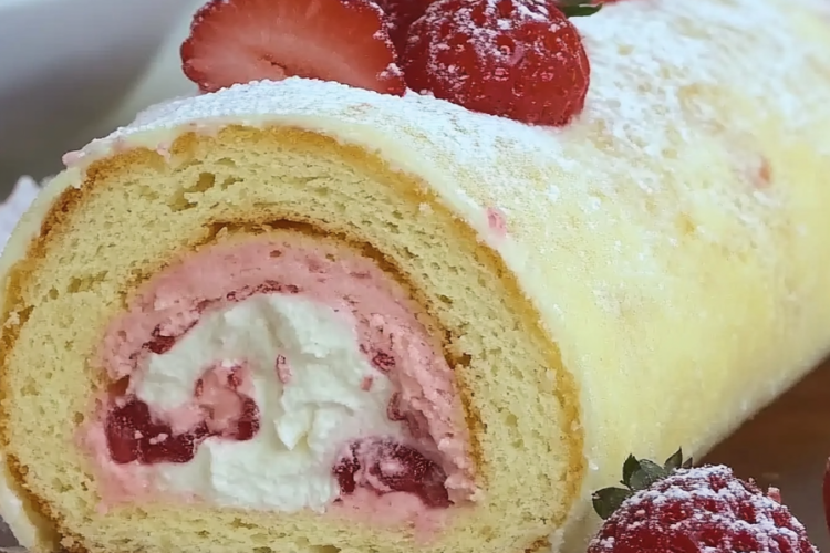 Biskuitrolle mit Erdbeerfüllung