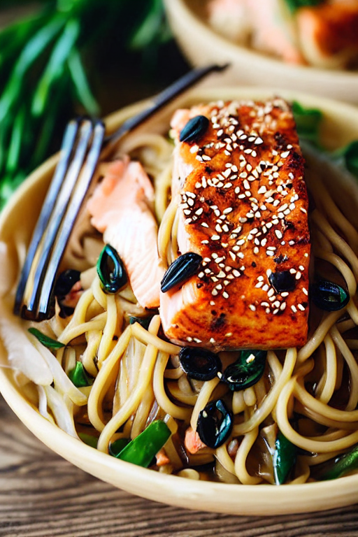 Asian Salmon Noodles final dish beautifully presented and ready to serve