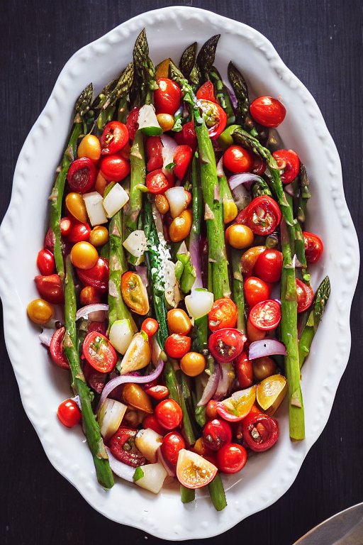 Asparagus Tomato Salad slice on plate showing perfect texture and swirl pattern