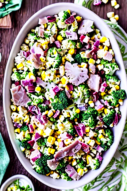 Broccoli Cauliflower Corn Bacon Salad final dish beautifully presented and ready to serve