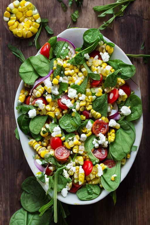 Corn Tomato Spinach Salad Recipe ingredients organized and measured on kitchen counter