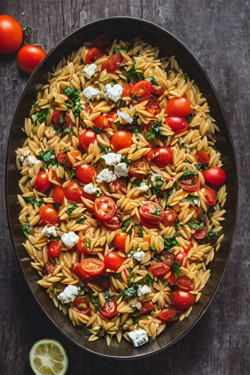 Orzo with Tomatoes Feta final dish beautifully presented and ready to serve