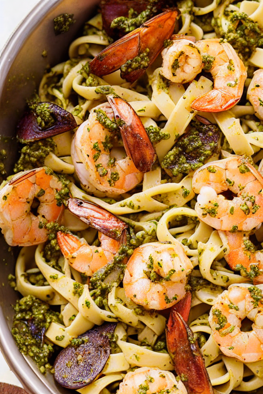 Pesto Shrimp Mushroom Pasta final dish beautifully presented and ready to serve