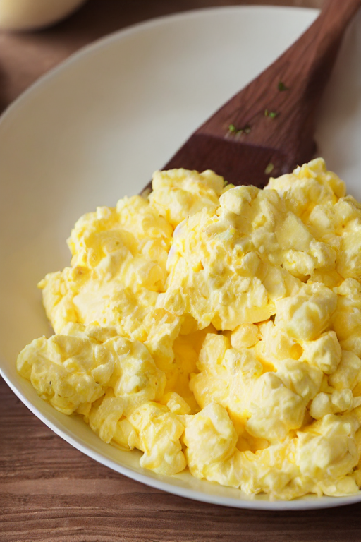 fluffy scrambled eggs slice on plate showing perfect texture and swirl pattern