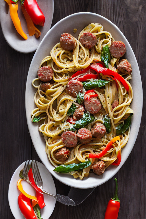 pasta with sausage and peppers ingredients organized and measured on kitchen counter
