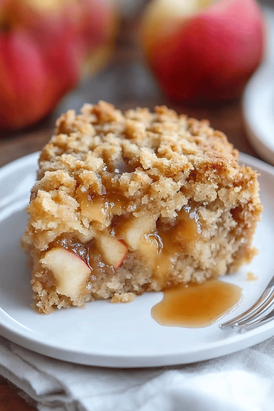 Apple crumb cake slice on plate showing perfect texture and swirl pattern