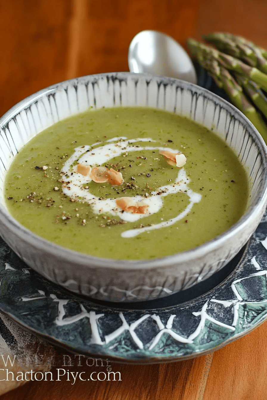 Asparagus soup slice on plate showing perfect texture and swirl pattern