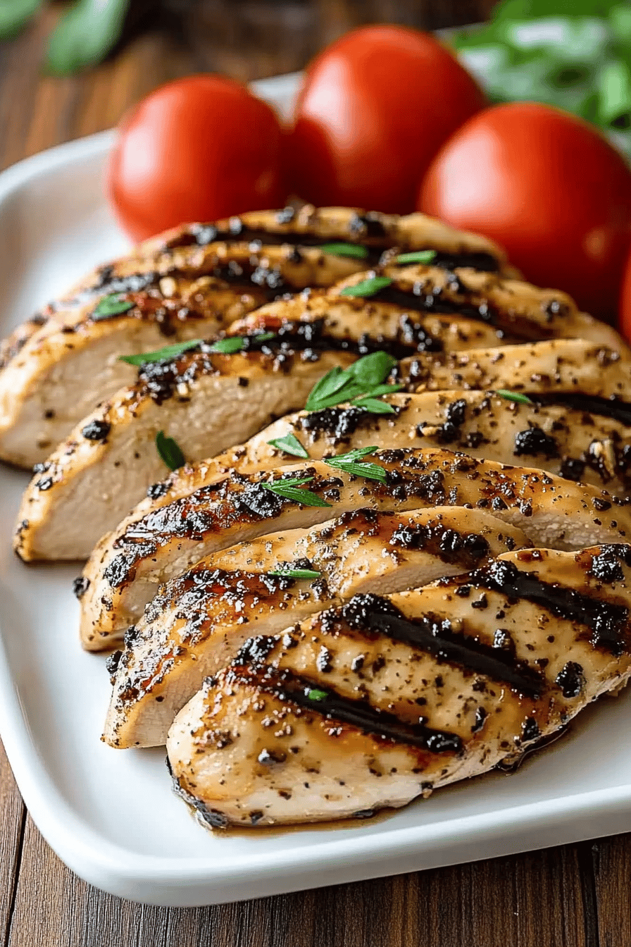 Balsamic Grilled Chicken ingredients organized and measured on kitchen counter