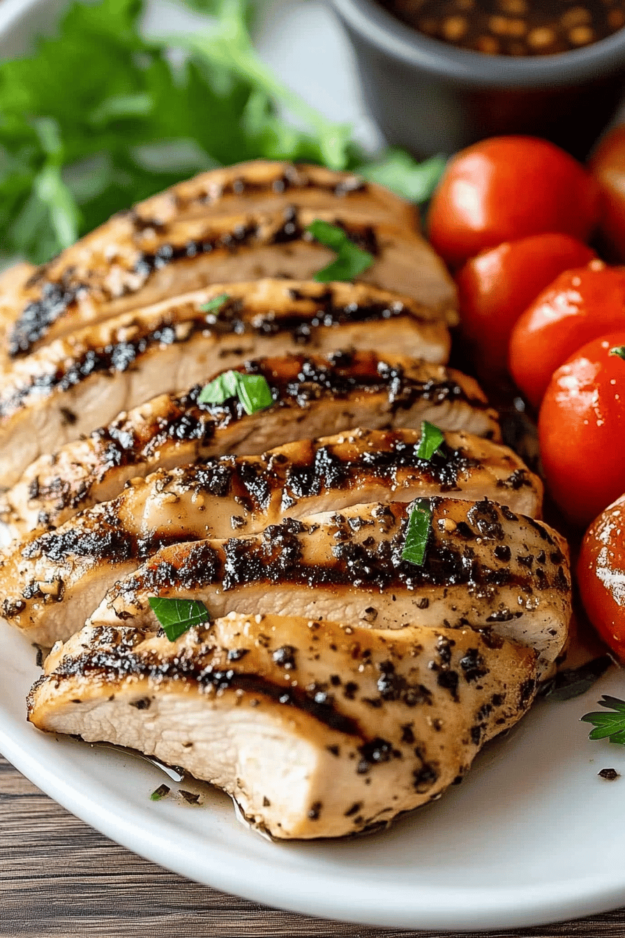 Balsamic Grilled Chicken slice on plate showing perfect texture and swirl pattern