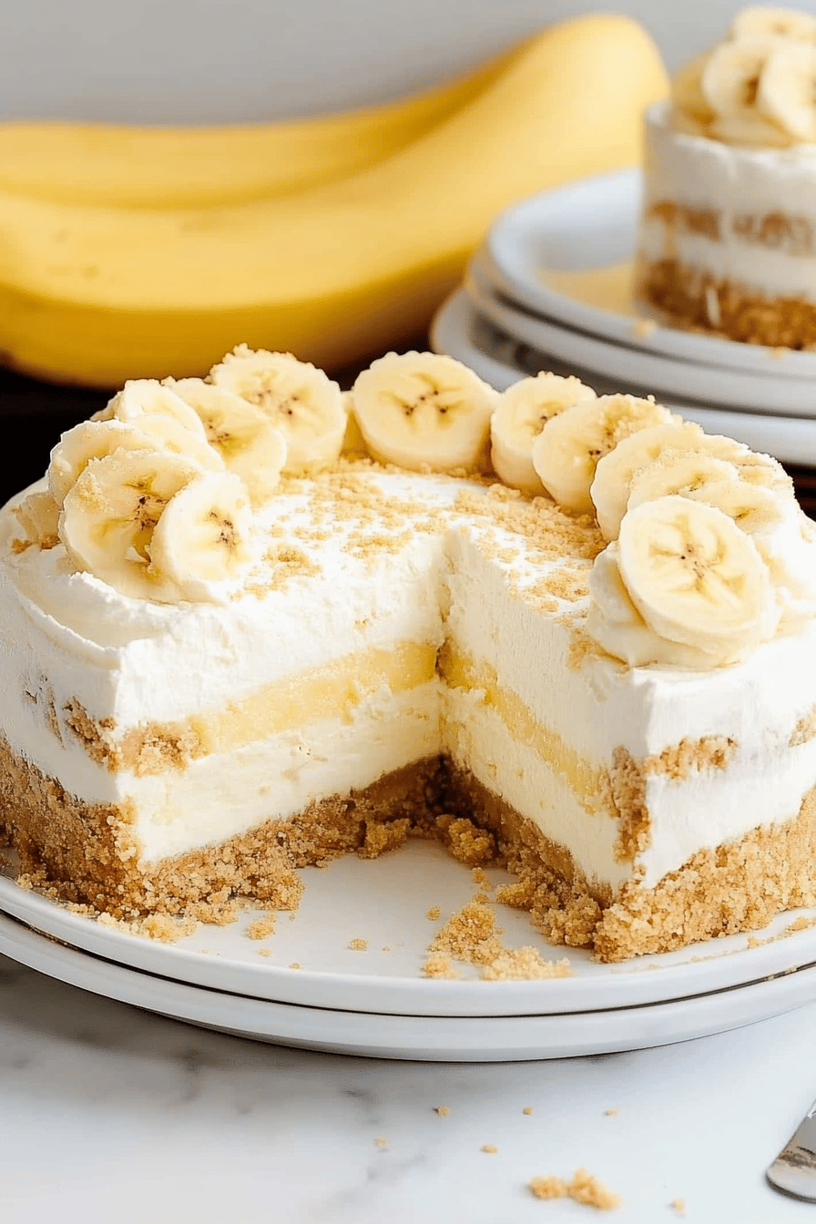 Banana cream cheesecake slice on plate showing perfect texture and swirl pattern