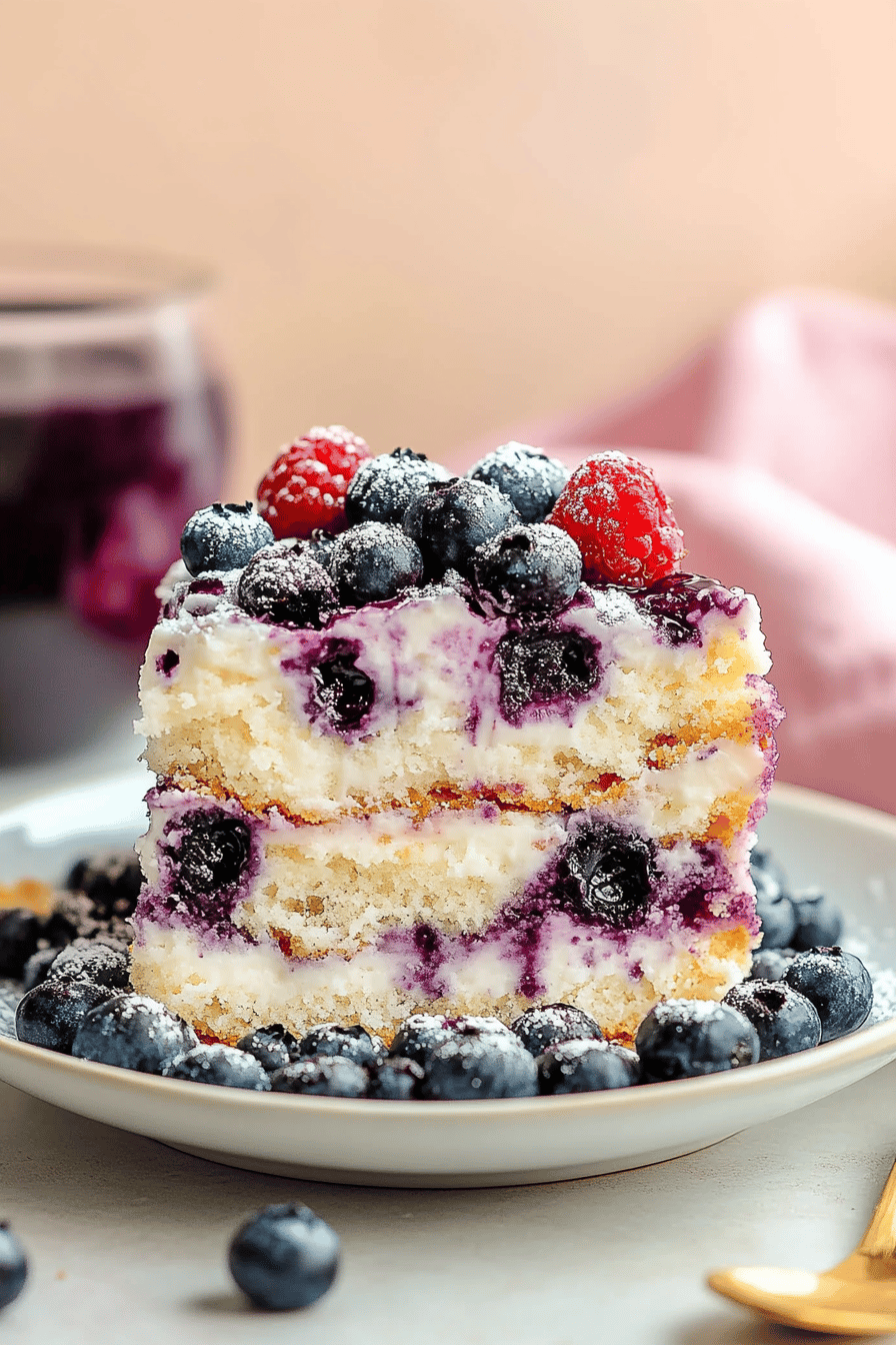 Blueberry cake slice on plate showing perfect texture and swirl pattern