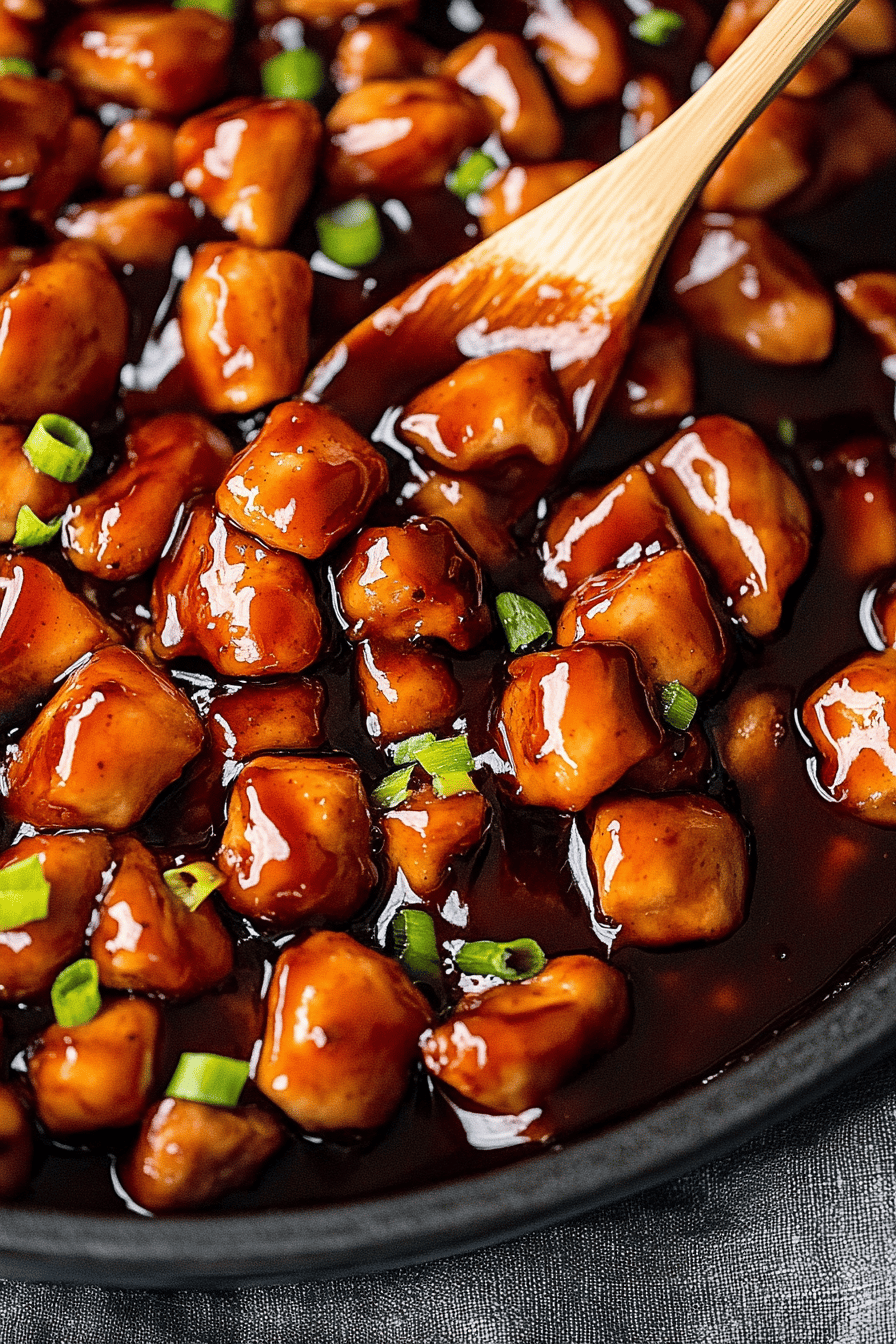 Bourbon chicken slice on plate showing perfect texture and swirl pattern