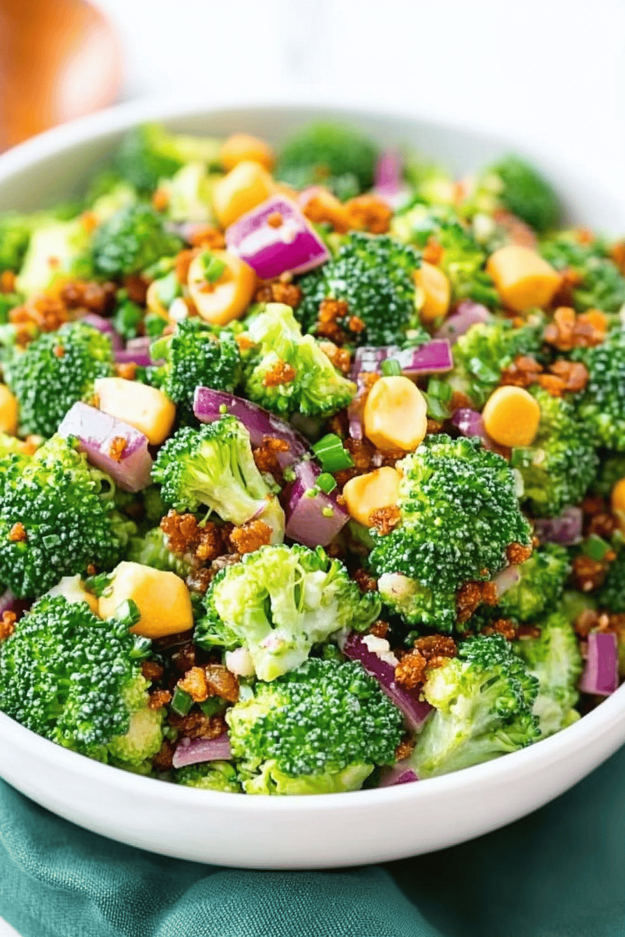 Broccoli salad slice on plate showing perfect texture and swirl pattern