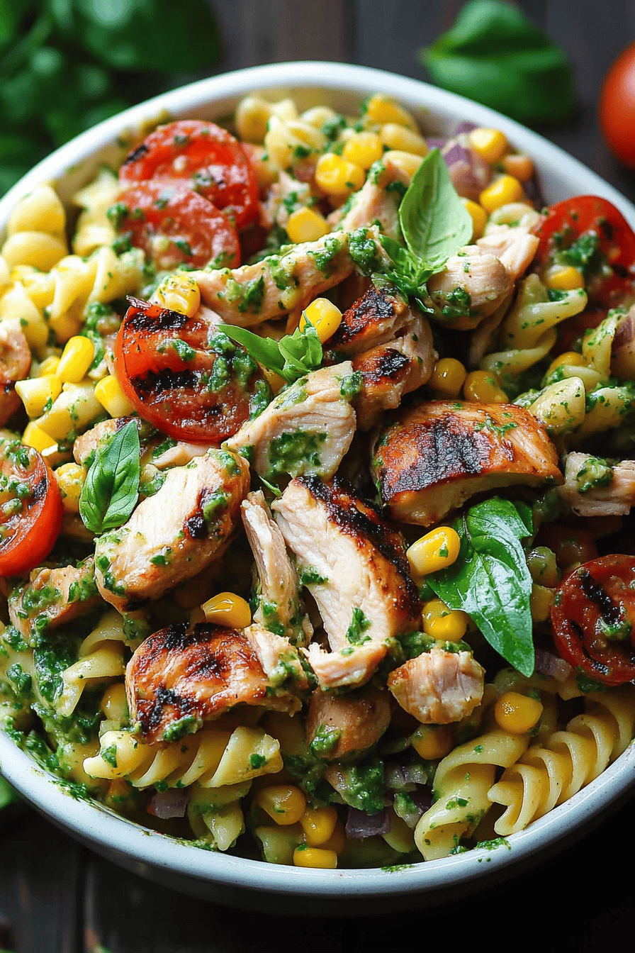 Chicken Corn Pasta Salad slice on plate showing perfect texture and swirl pattern