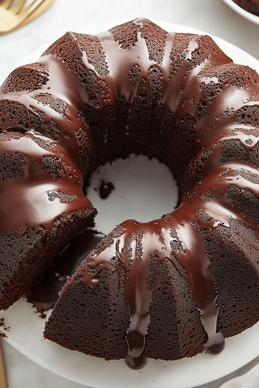 Chocolate Bundt Cake slice on plate showing perfect texture and swirl pattern