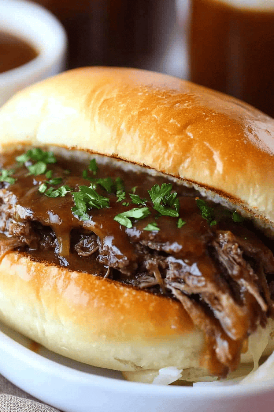 French dip slice on plate showing perfect texture and swirl pattern
