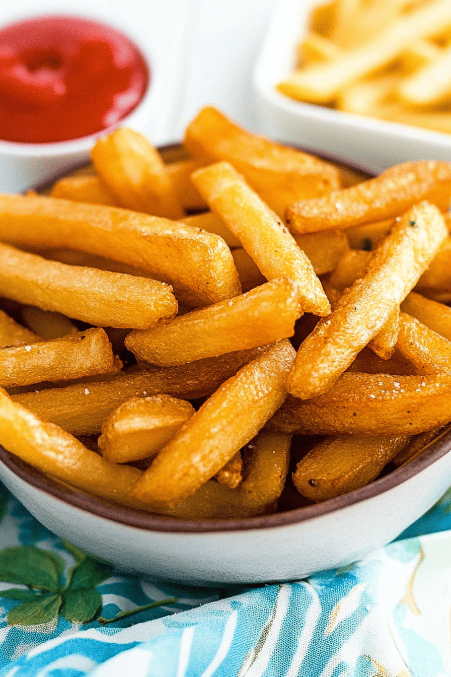 French fries ingredients organized and measured on kitchen counter