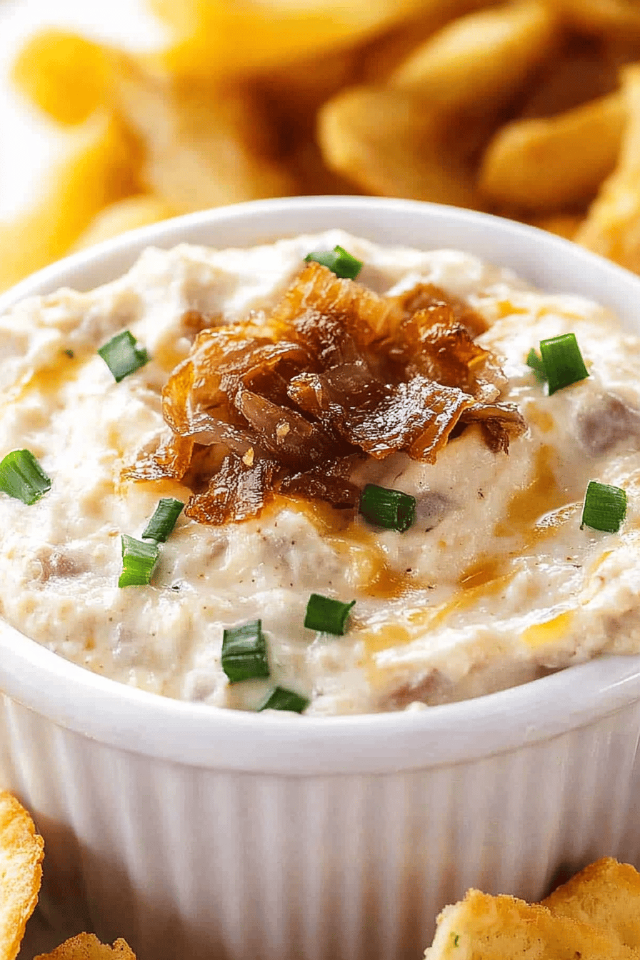 French onion dip slice on plate showing perfect texture and swirl pattern