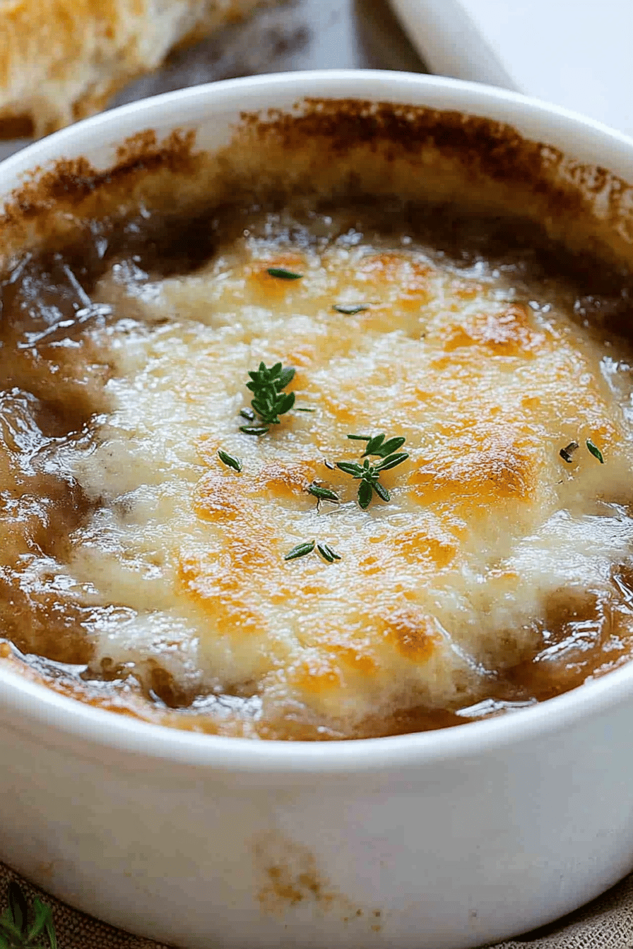 French onion soup slice on plate showing perfect texture and swirl pattern