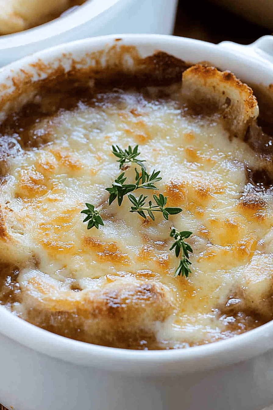 French onion soup slice on plate showing perfect texture and swirl pattern