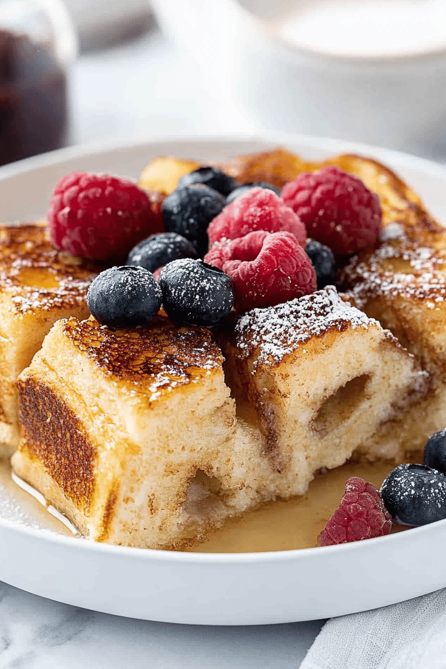 French toast casserole slice on plate showing perfect texture and swirl pattern