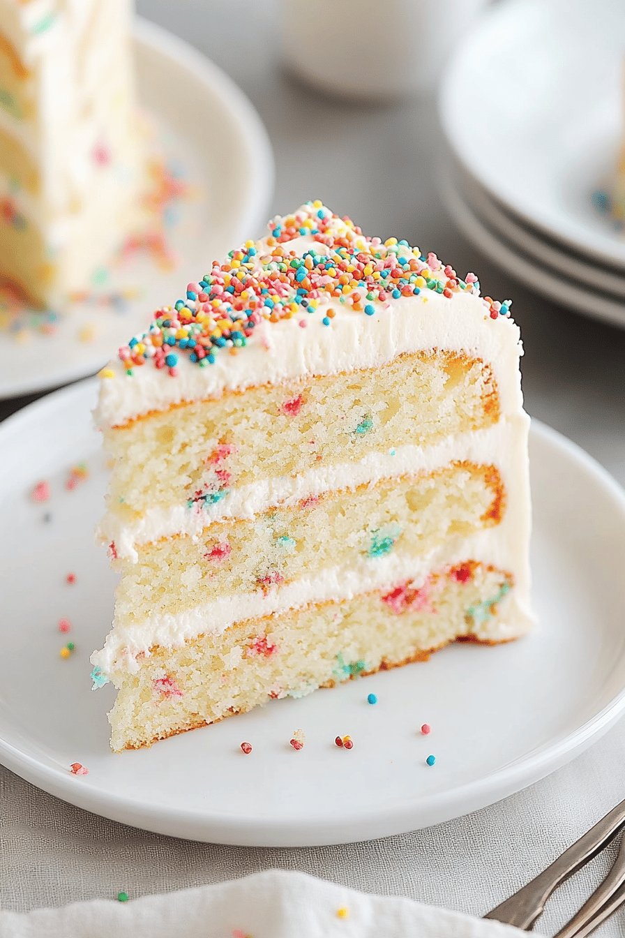 Funfetti cake slice on plate showing perfect texture and swirl pattern