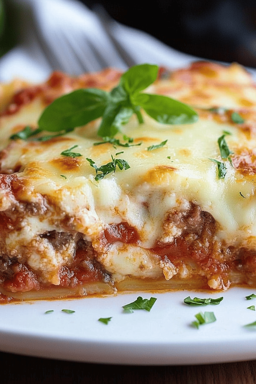 Italian Lasagna slice on plate showing perfect texture and swirl pattern