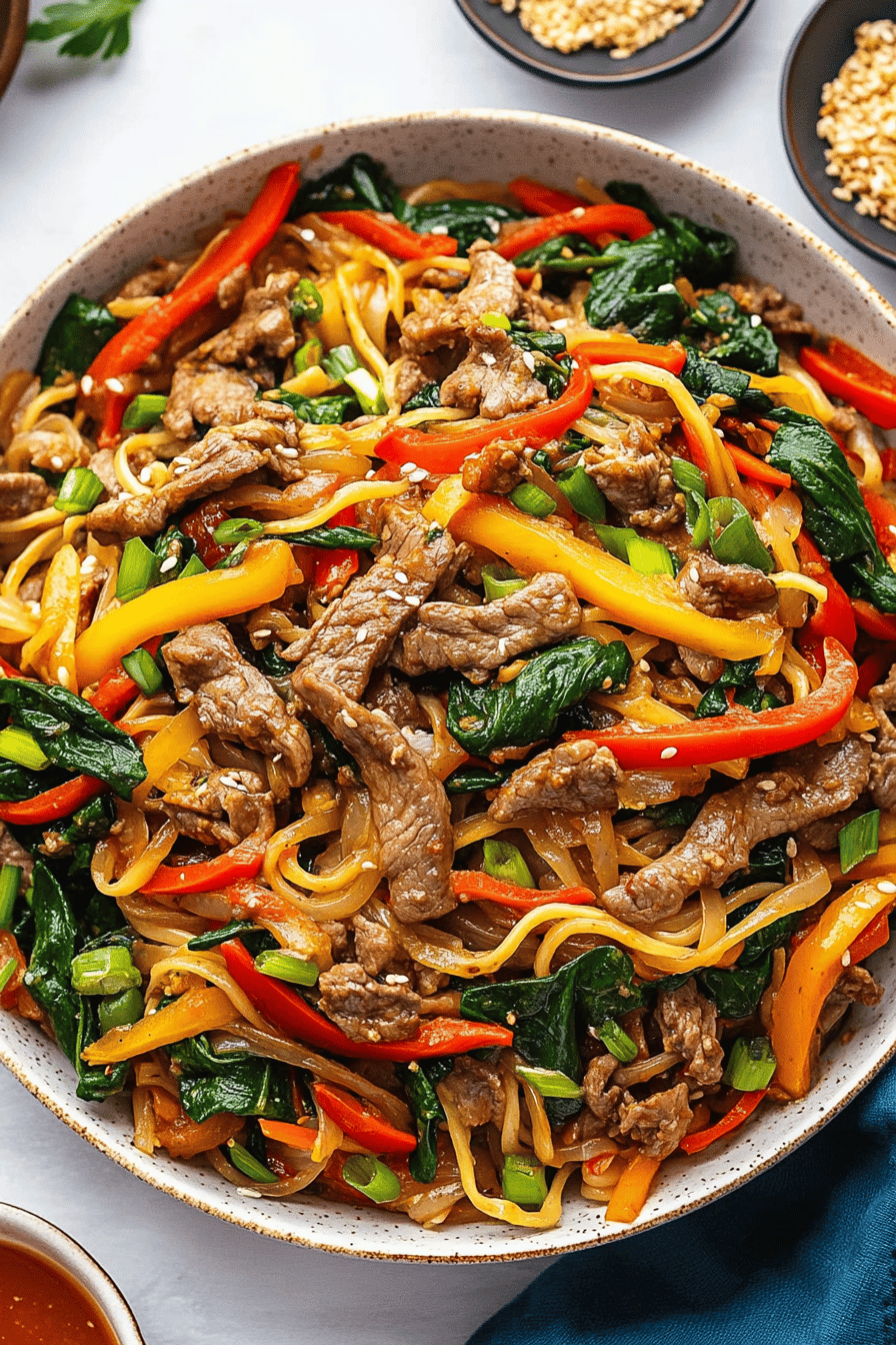 Japchae Recipe ingredients organized and measured on kitchen counter
