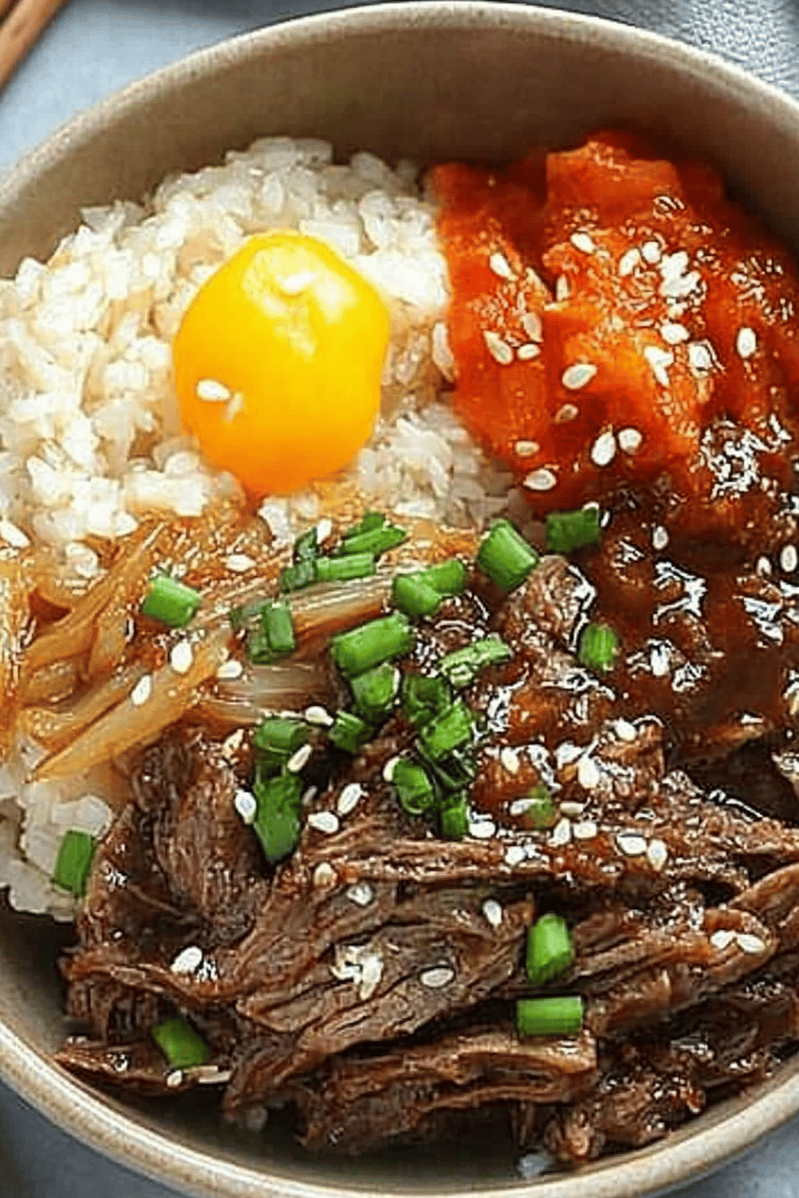 Korean beef bowl ingredients organized and measured on kitchen counter
