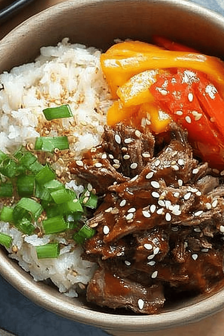 Korean beef bowl slice on plate showing perfect texture and swirl pattern