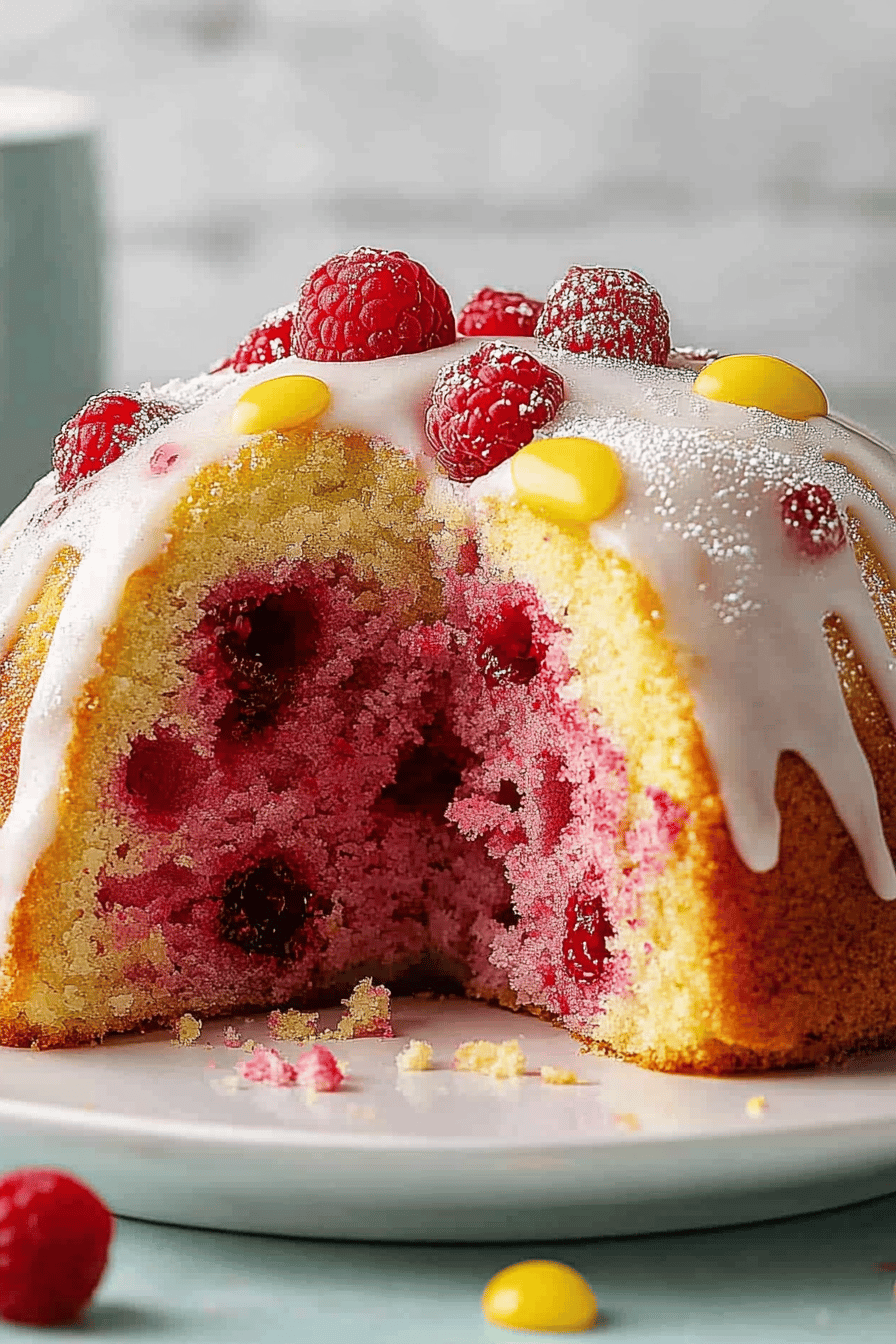 Lemon Raspberry Bundt Cake slice on plate showing perfect texture and swirl pattern