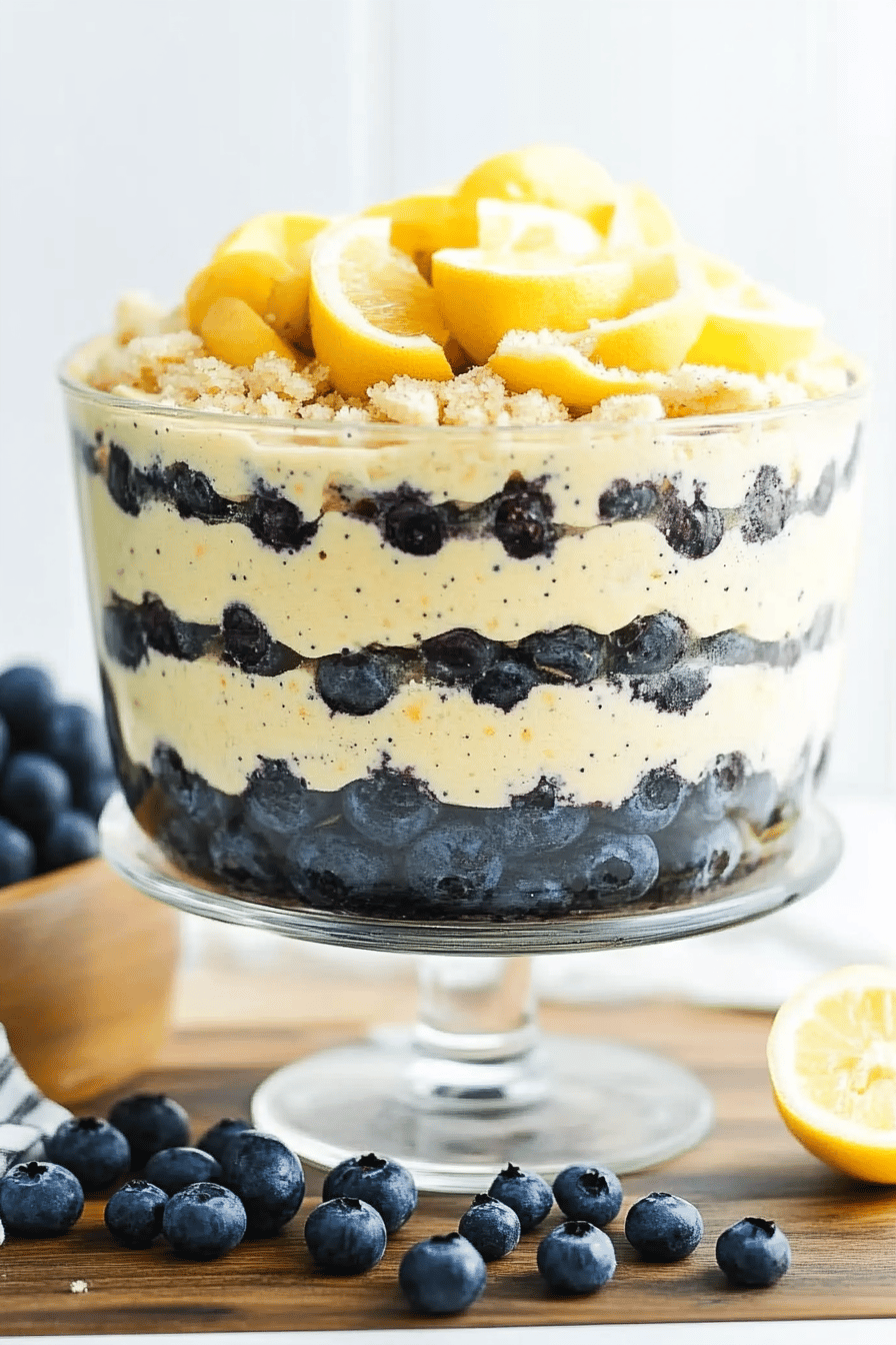 Lemon blueberry trifle slice on plate showing perfect texture and swirl pattern