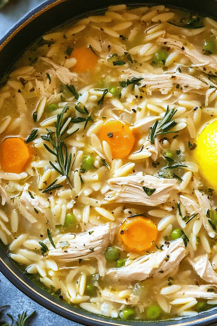 Lemon chicken orzo soup ingredients organized and measured on kitchen counter