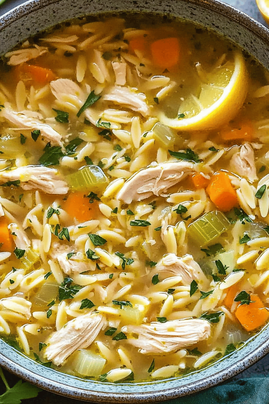 Lemon chicken orzo soup slice on plate showing perfect texture and swirl pattern