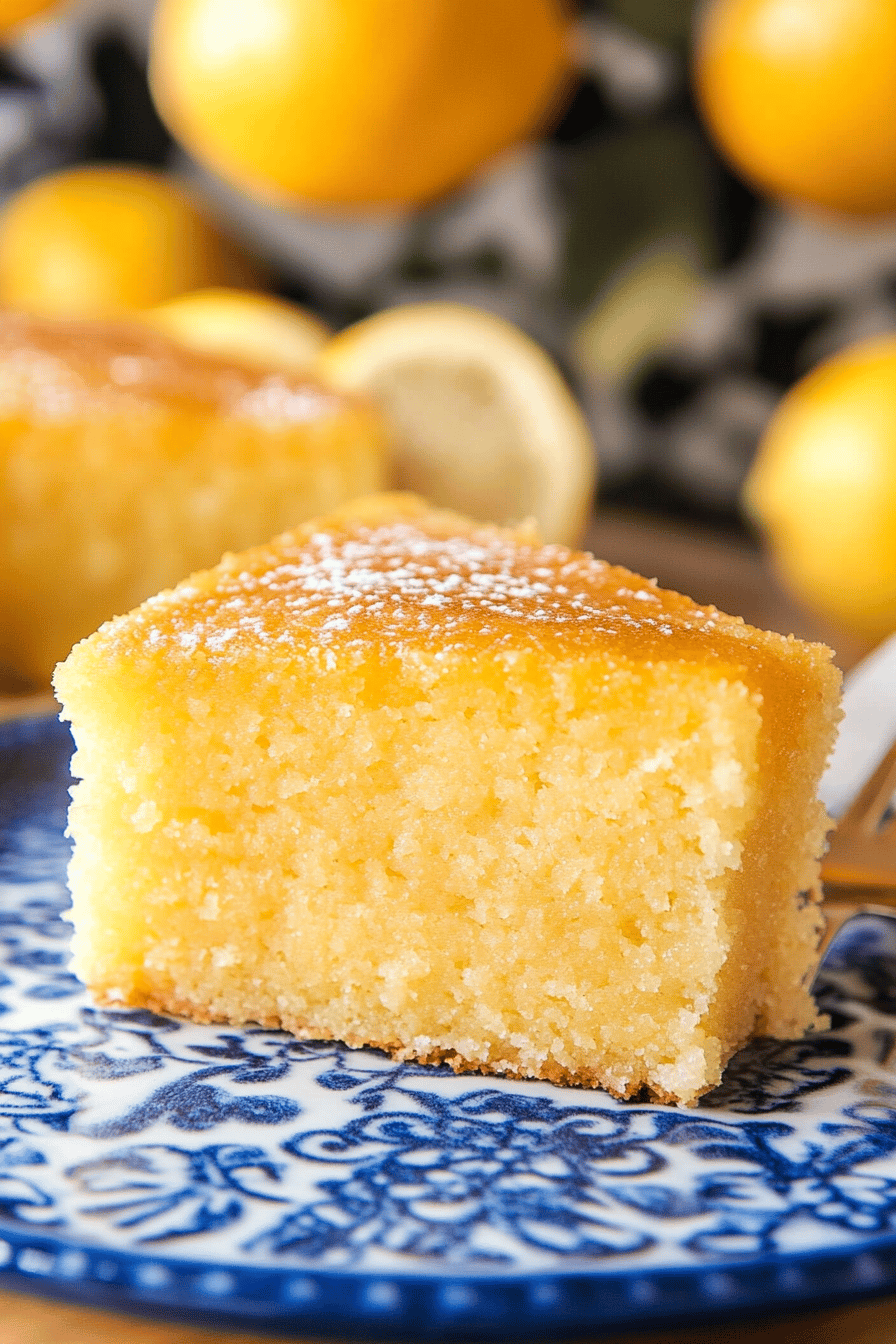 Lemon drizzle cake slice on plate showing perfect texture and swirl pattern