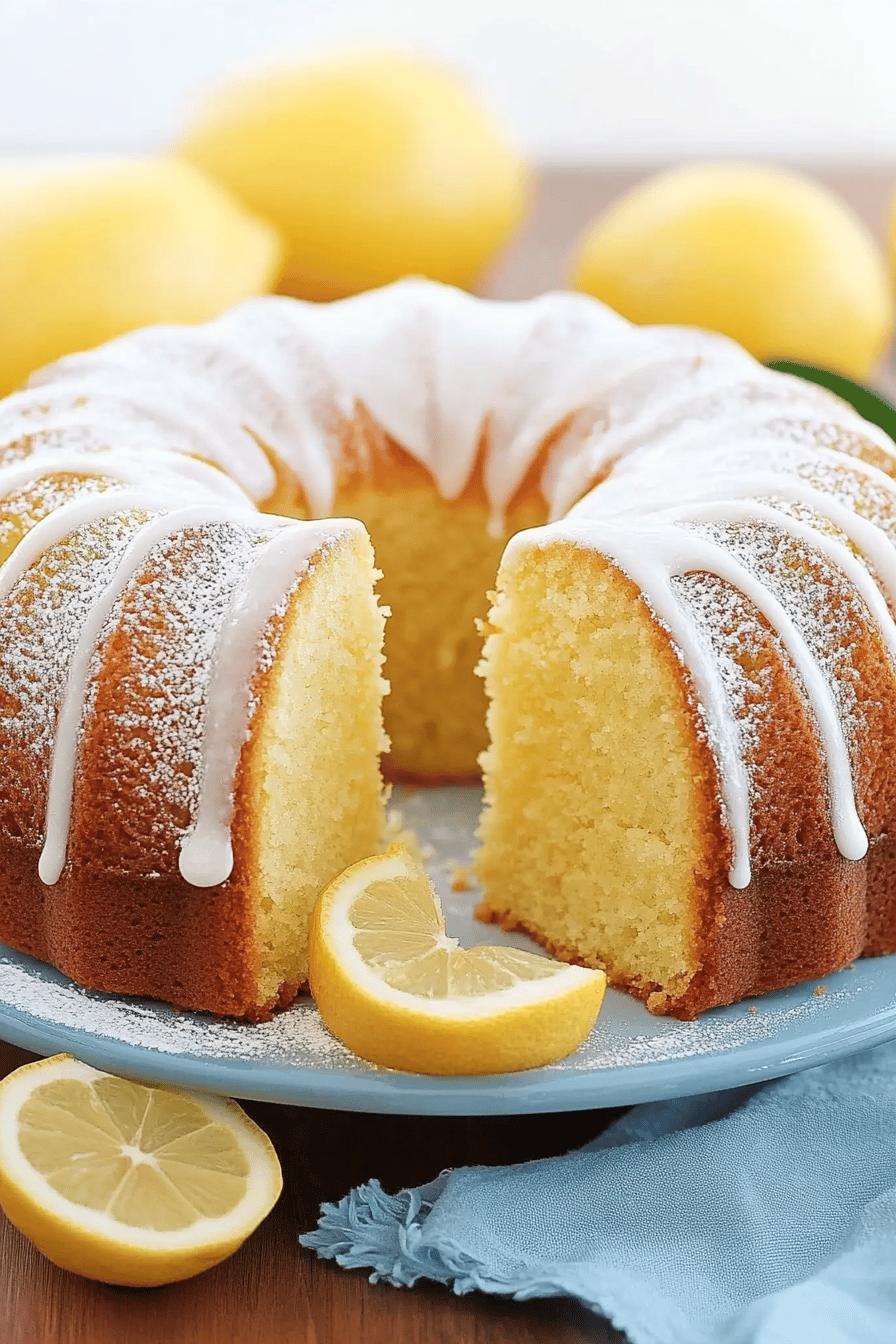 Lemon pound cake slice on plate showing perfect texture and swirl pattern