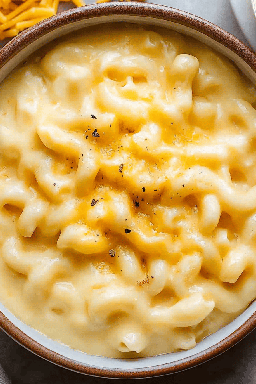 Macaroni and cheese recipe slice on plate showing perfect texture and swirl pattern