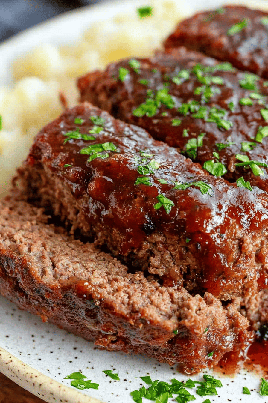 Meatloaf recipe slice on plate showing perfect texture and swirl pattern