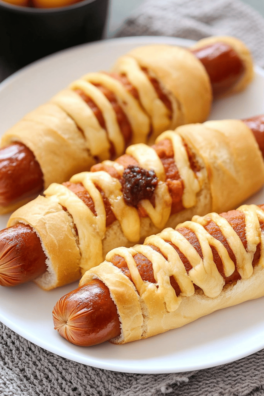 Mummy hot dogs slice on plate showing perfect texture and swirl pattern