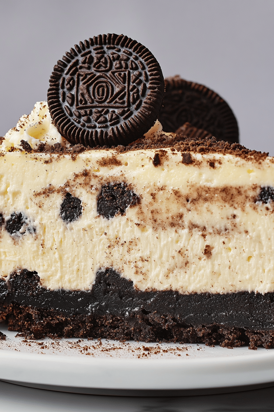 Oreo cheesecake slice on plate showing perfect texture and swirl pattern