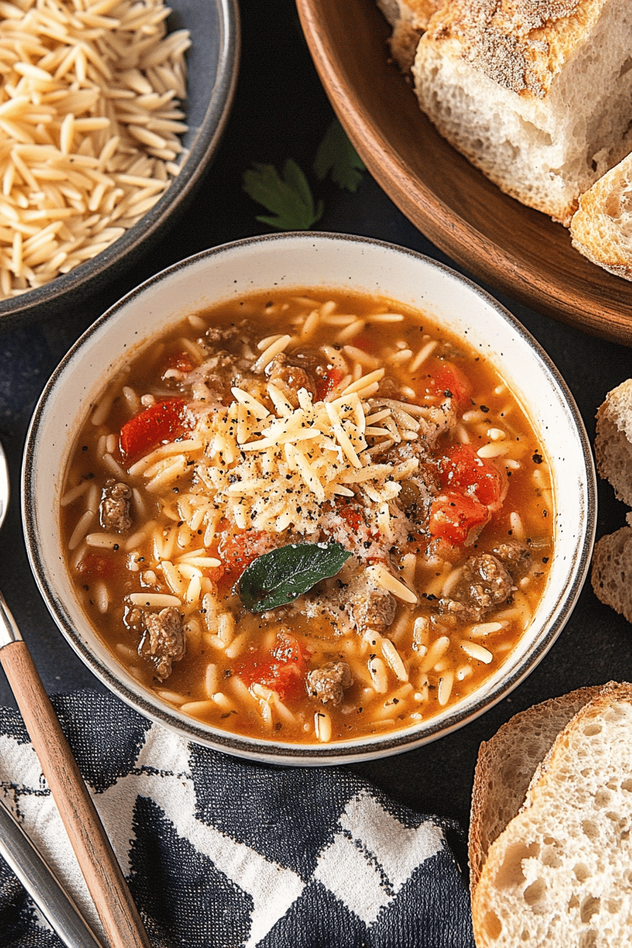 Orzo soup slice on plate showing perfect texture and swirl pattern