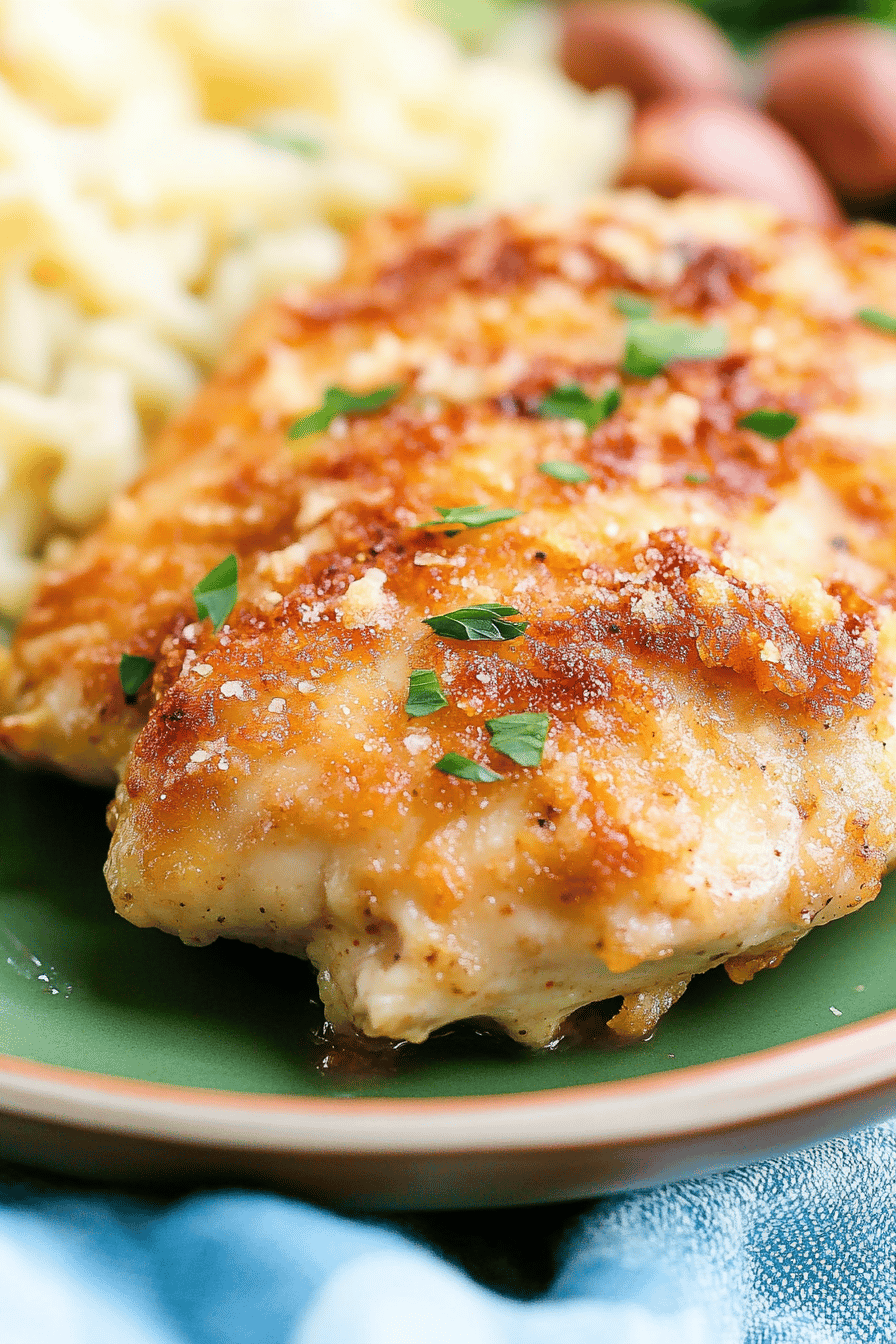 Parmesan crusted chicken slice on plate showing perfect texture and swirl pattern