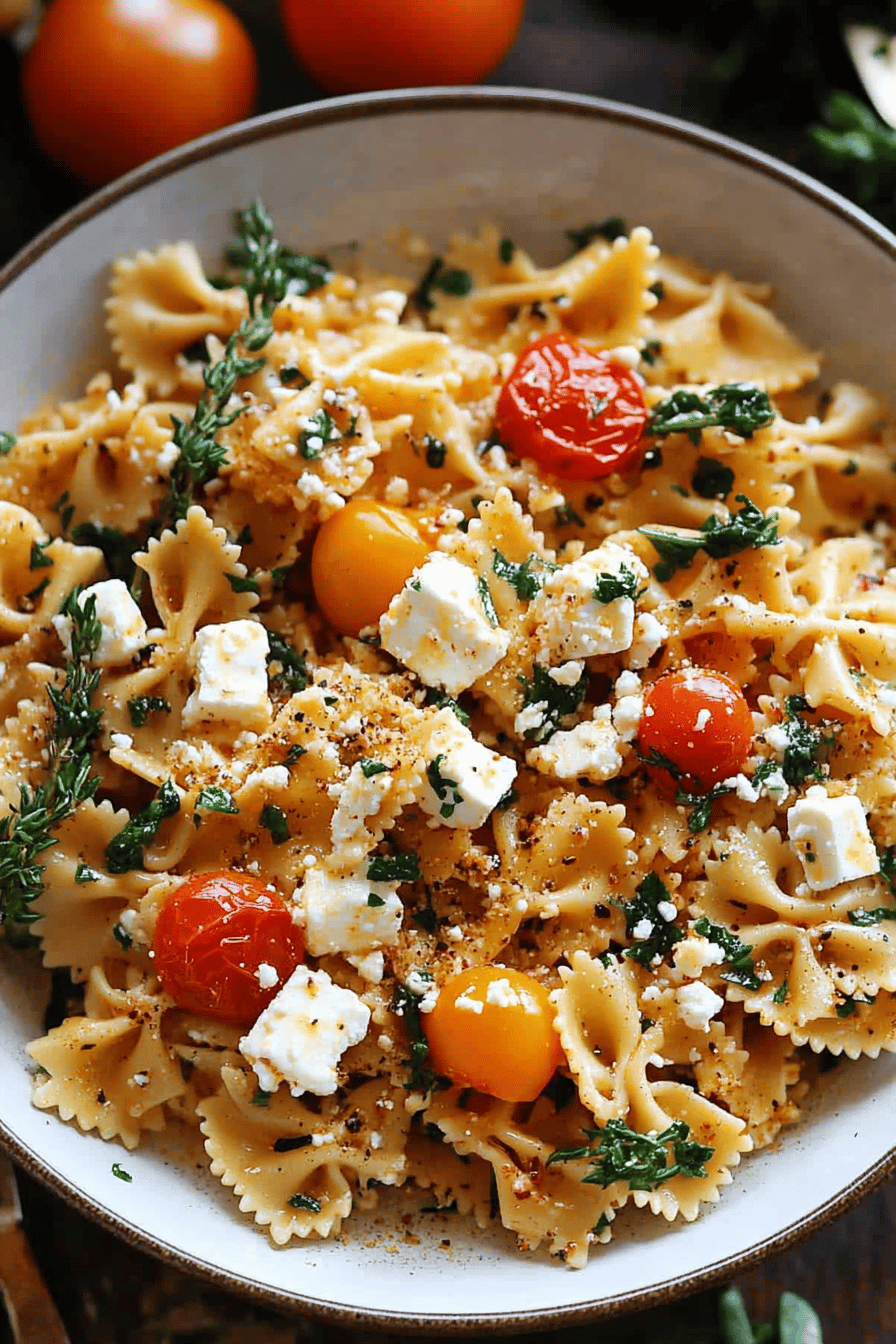 Pasta with Feta Recipe ingredients organized and measured on kitchen counter