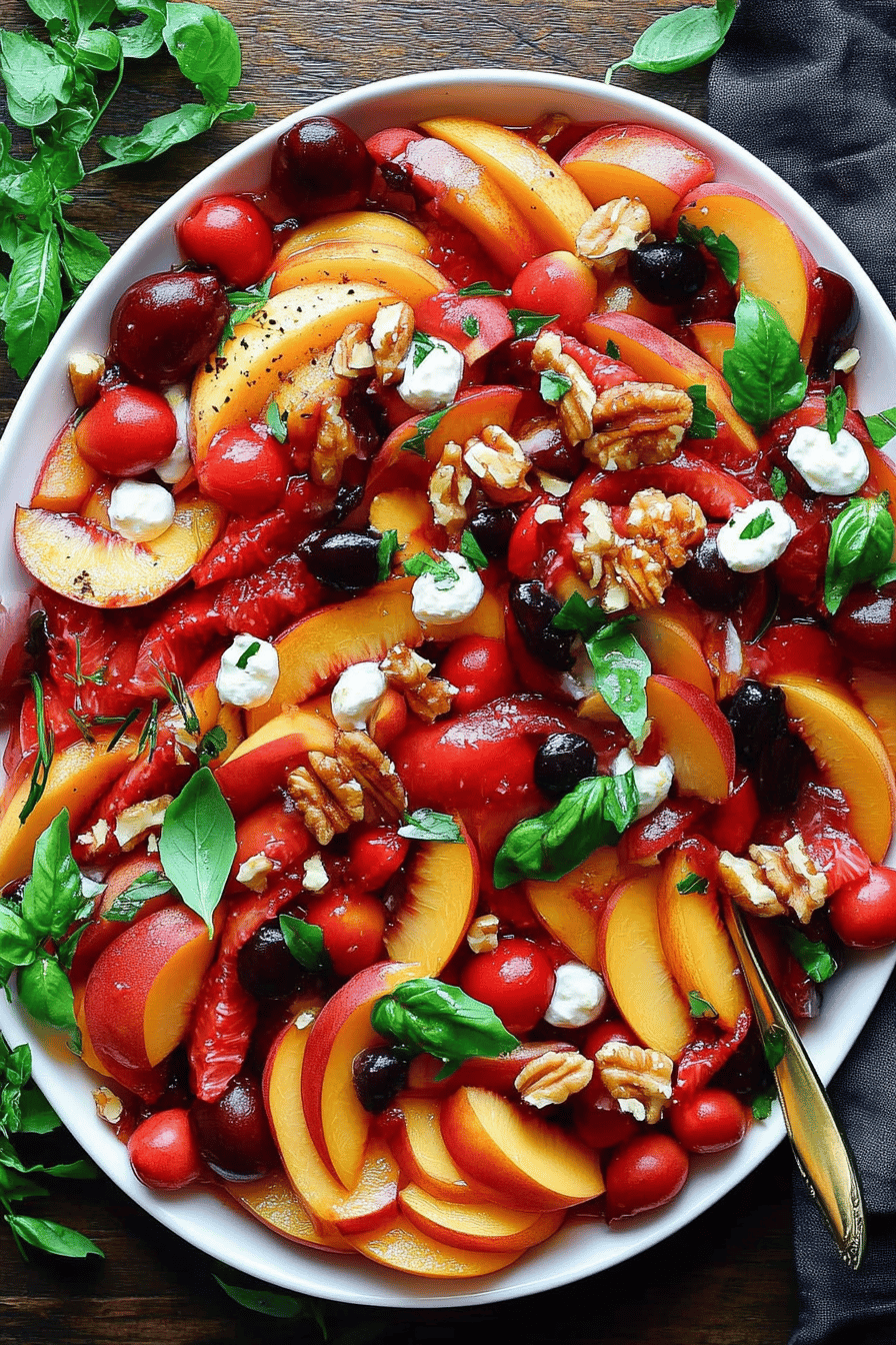Peach Salad Recipe ingredients organized and measured on kitchen counter