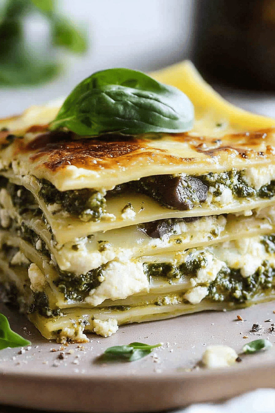 Pesto Lasagna slice on plate showing perfect texture and swirl pattern