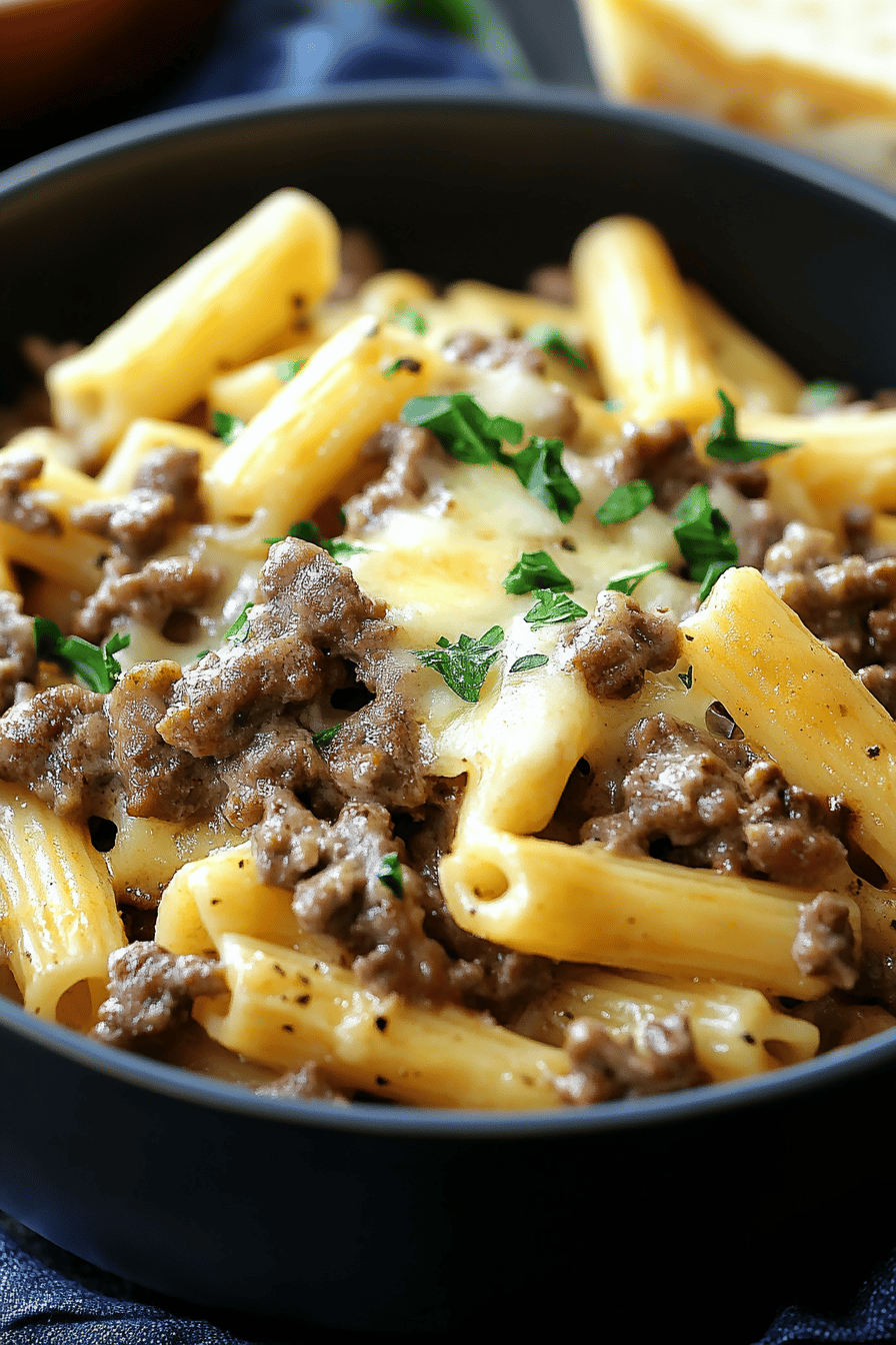 Philly cheesesteak pasta ingredients organized and measured on kitchen counter