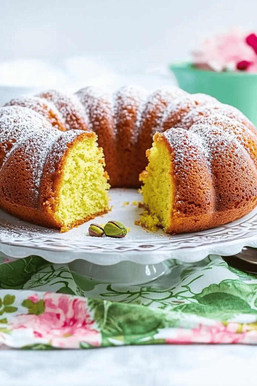 Pistachio Bundt Cake slice on plate showing perfect texture and swirl pattern