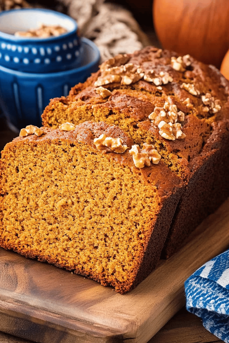 Pumpkin bread recipe slice on plate showing perfect texture and swirl pattern