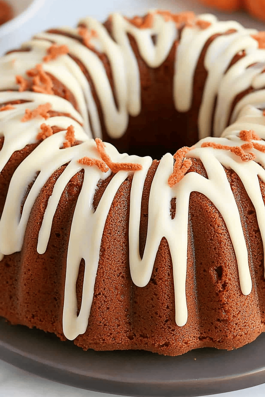 Pumpkin bundt cake slice on plate showing perfect texture and swirl pattern