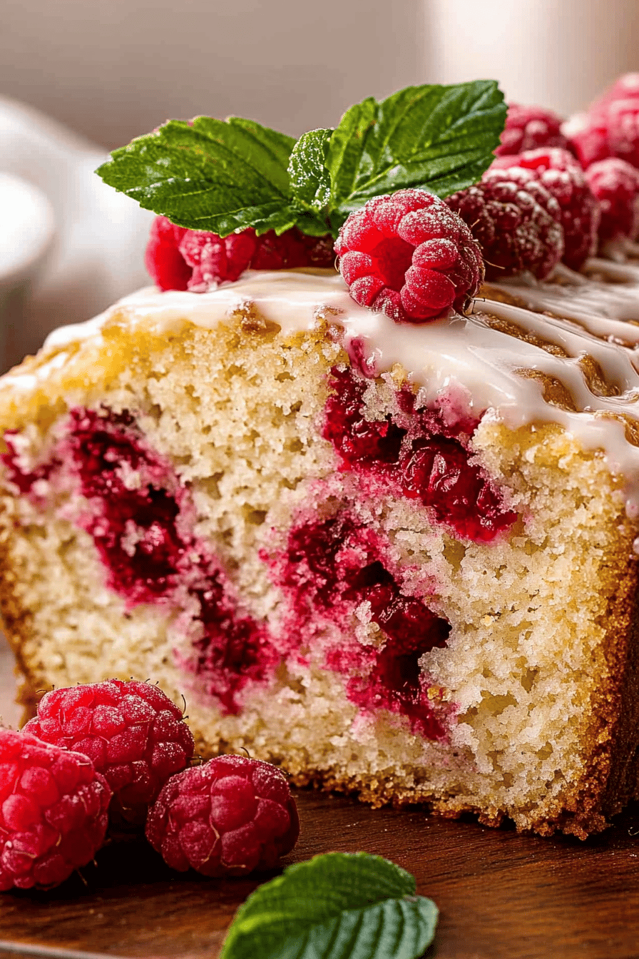 Raspberry Lemon Loaf slice on plate showing perfect texture and swirl pattern